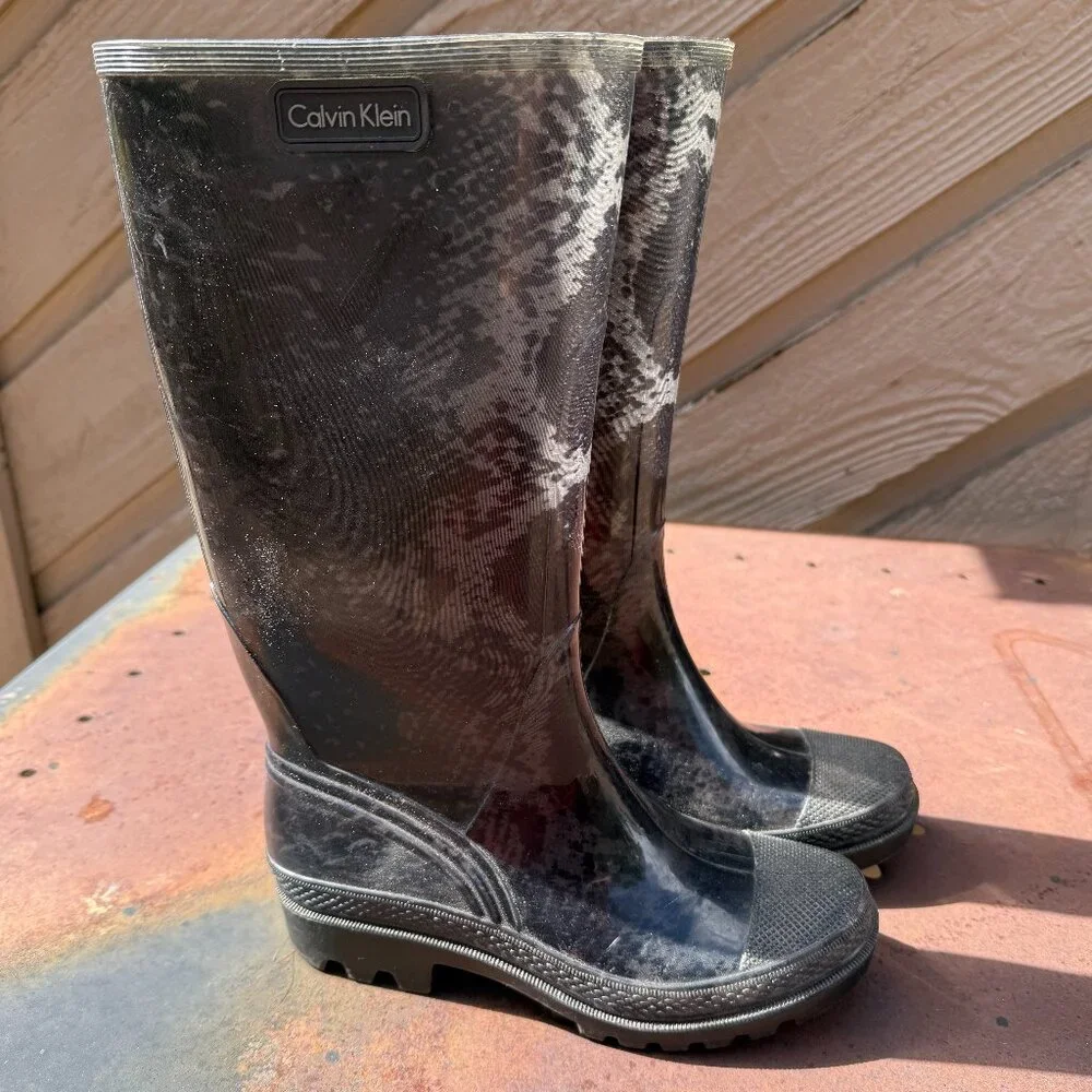 Vintage Calvin Klein Black & Clear Snakeskin Pull-On Rain Boots